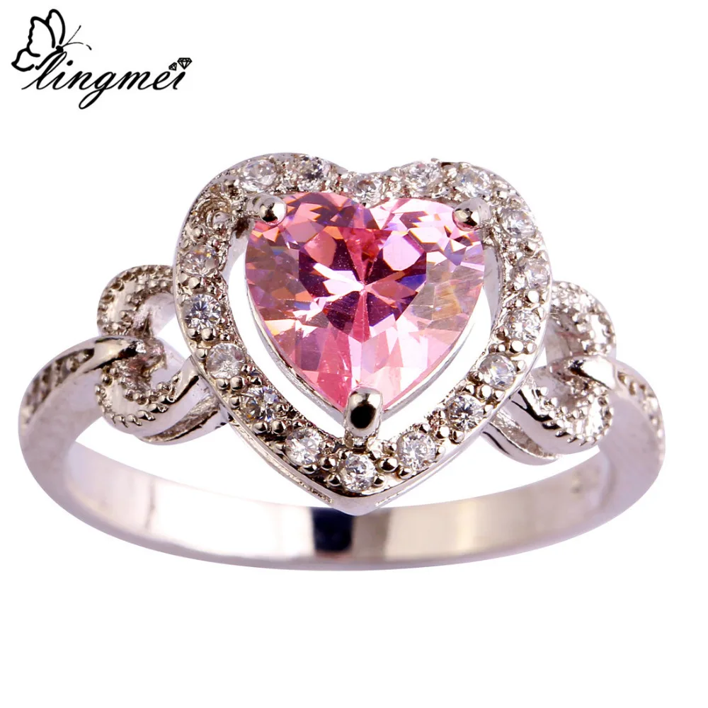 Женское романтическое кольцо lingmei Love розовое и белое серебряное с кубическим
