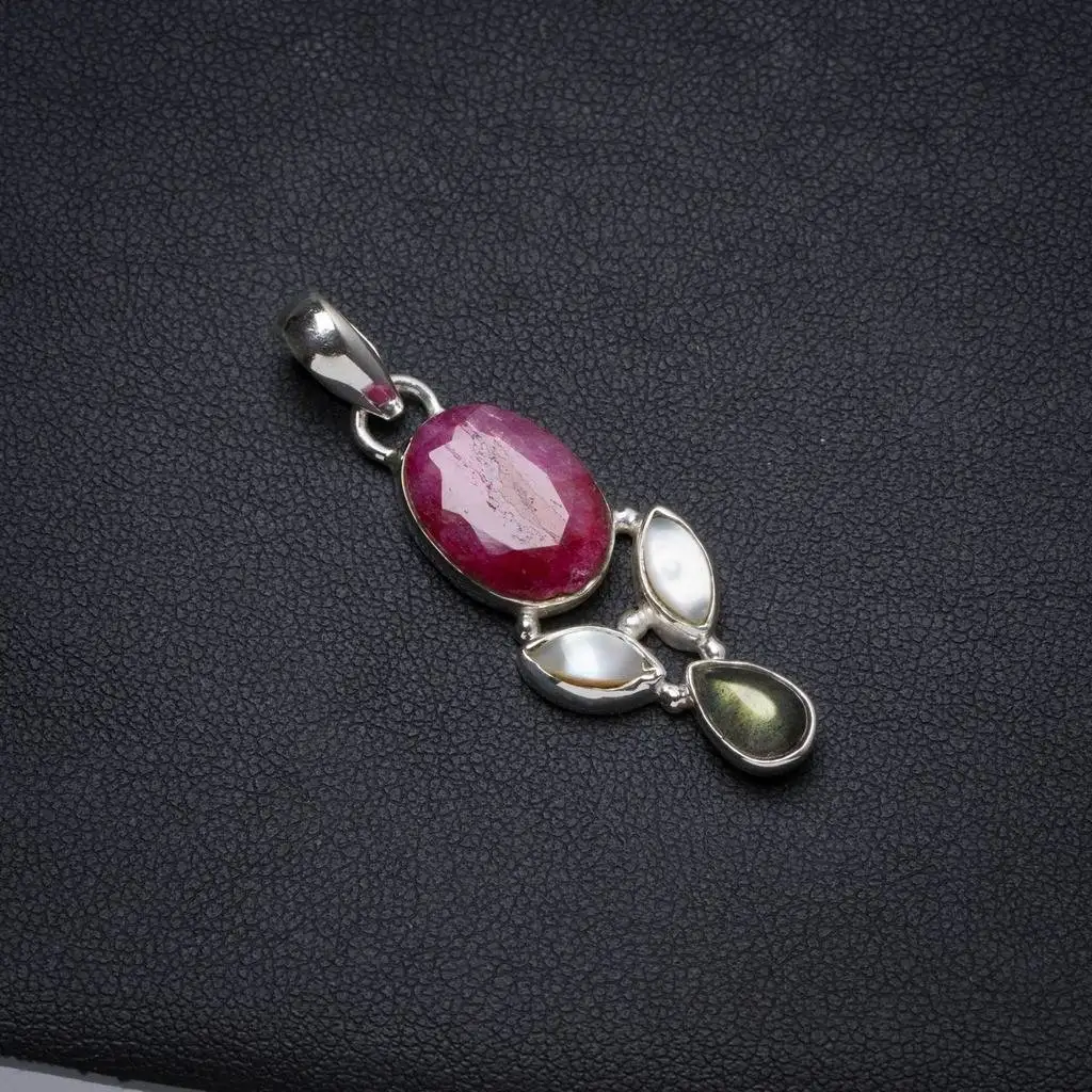 

Natural Cherry Ruby,Mother Of Pearl andLabradorite Unique 925 Sterling Silver Pendant 1.75" X0645