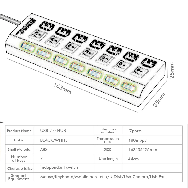 7 порт Micro USB 2,0 концентратор высокой Скорость 480 Мбит/с USB разветвитель с включения/выключения usb Hub 2,0 для ПК Компьютерные аксессуары USB hub