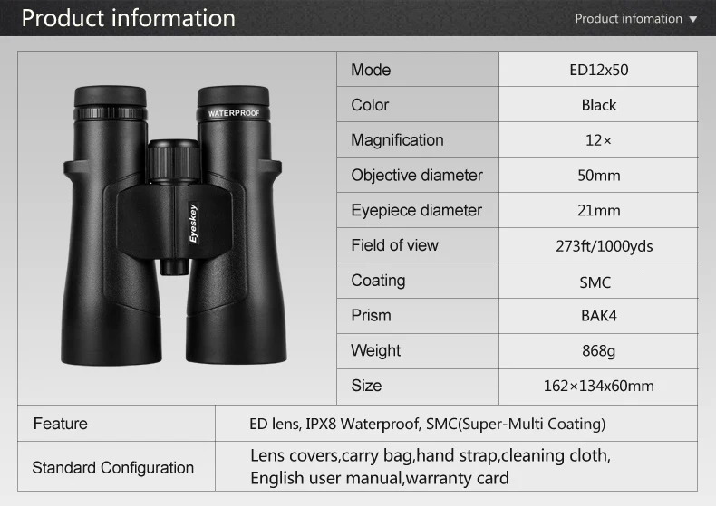 Eyeskey ED 12x50 Бинокль супер-Мульти покрытие IPX8 водонепроницаемый Bak4 призма оптика HD телескоп ночное видение для кемпинга охоты