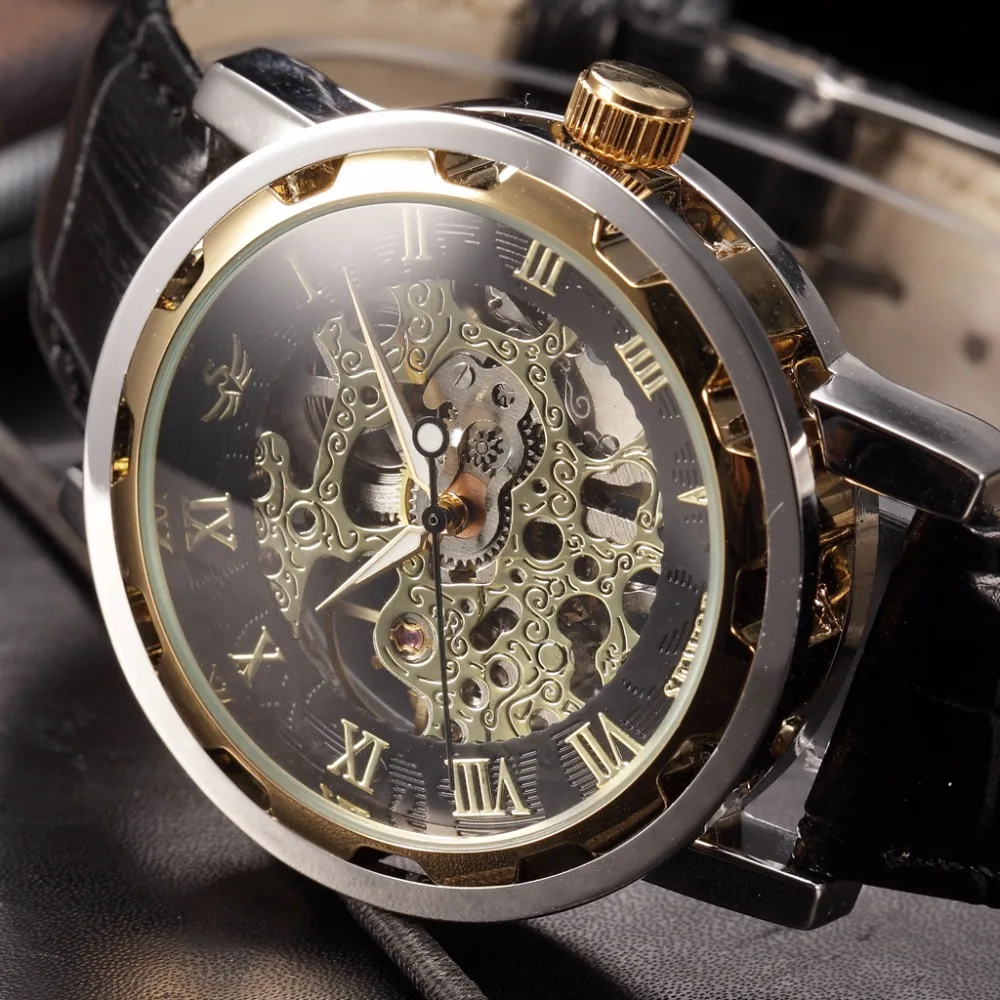 

SEWOR Skeleton Mechanical Watch Men Designer Black Gold Leather Vintage Business Fashion Hand Wind Wristwatch Relogio Masculino