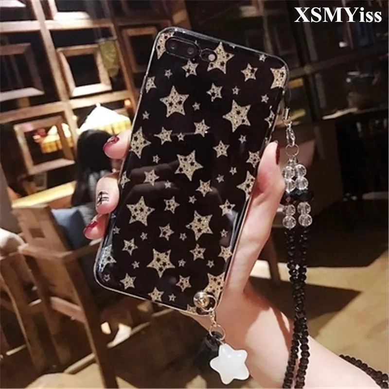 XSMYiss Case For iPhone 11 Pro MAX XS XR X 6 6S 7 8 Plus Surface Smooth Pentagram Glitter Glossy Tassel pendant Phone |