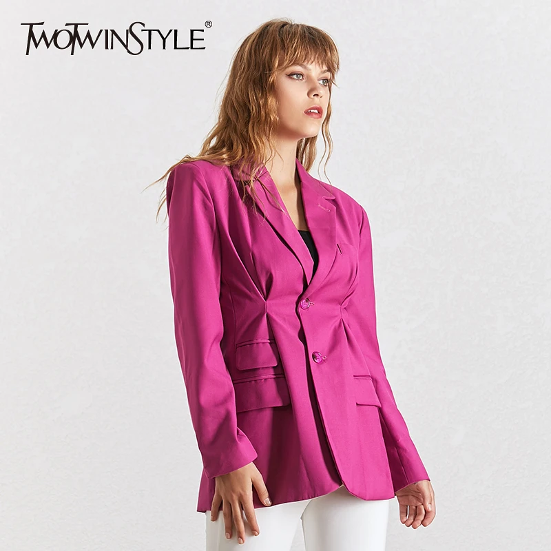 

TWOTWINSTYLE Summer Solid Blazer For Women Lapel Collar Long Sleeve Button Big Size Coat Female Fashion Clothes 2019 New