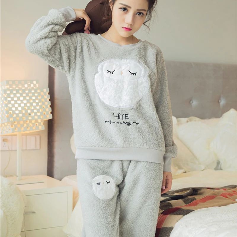 

Women's coral fleece nighty sleepwear cute owl pattern autumn & winter ladies long-sleeve pajamas nightwear nightgown set