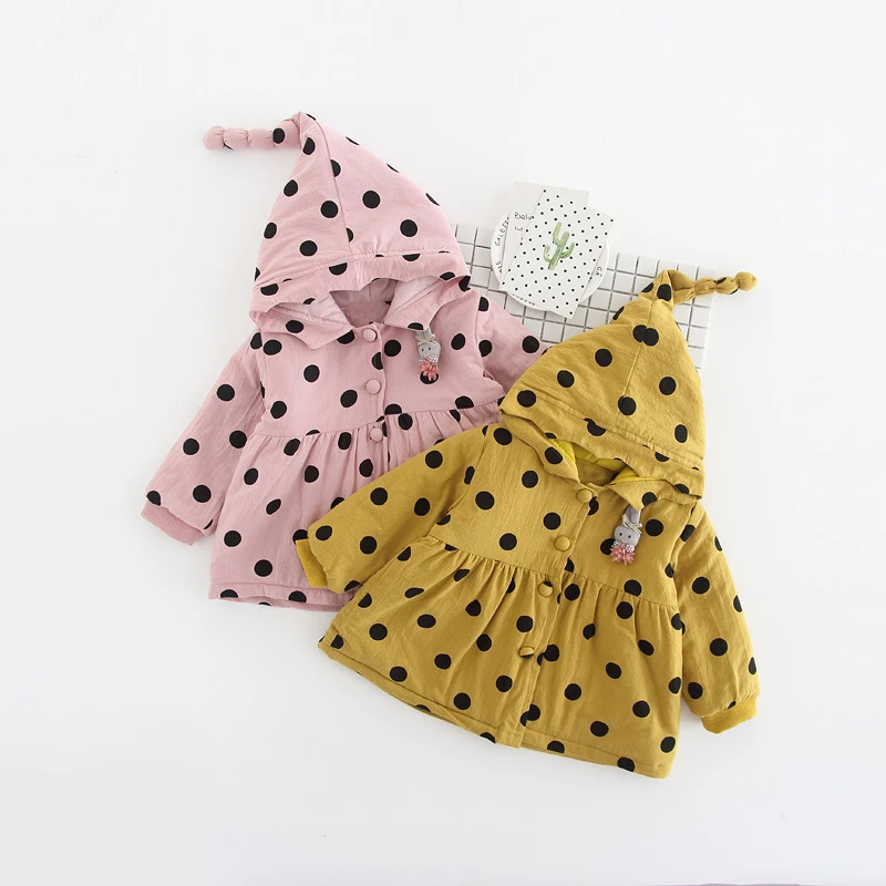 

sweet Children Winter Coat Jacket Outerwear Female Baby girls Dot Cotton Thickened Coats Cute pointed hat Cotton clothing