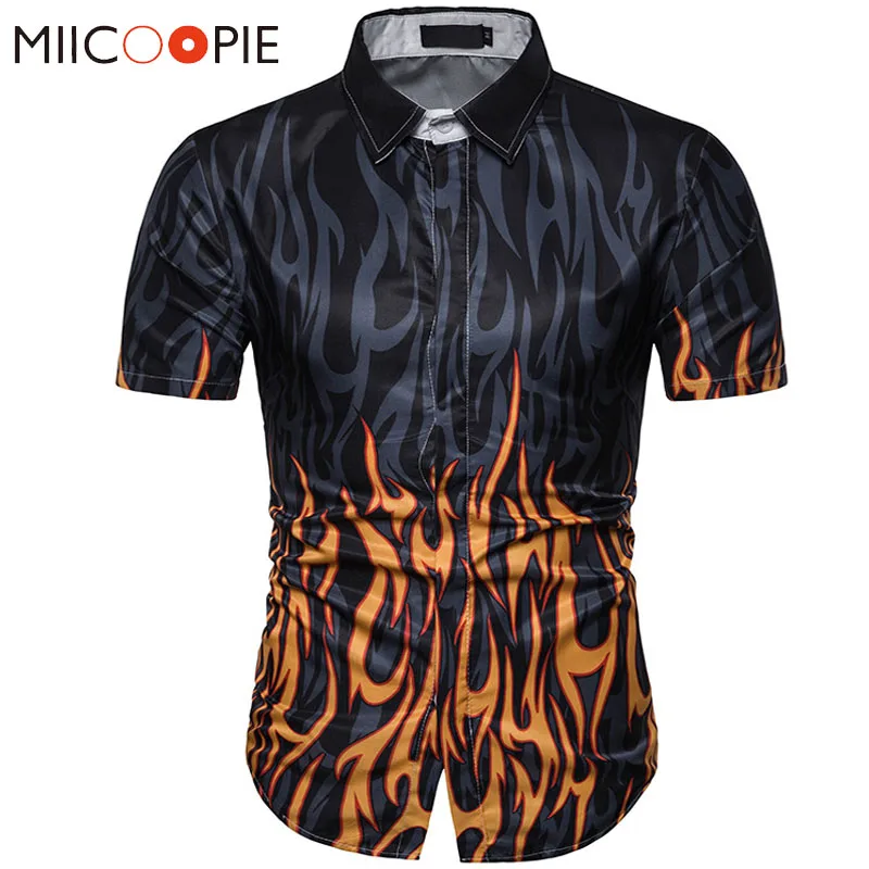 

Hawaiian Men Shirts Dress Short Sleeve Slim Fit Flame Printed Stitching Color Chemise Homme Streetwear Tee Summer Beach Shirts