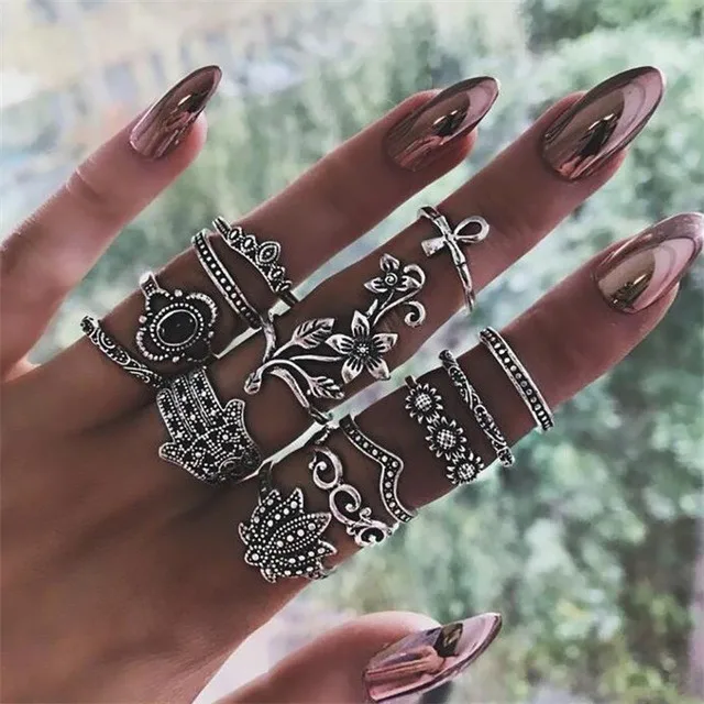 Bague Femme, винтажные кольца для женщин, геометрической формы, в стиле бохо, цветок, кристалл, кольцо на кончик пальца, набор, богемный, миди, ювелирные изделия, серебряный цвет - Цвет основного камня: Flower Hand