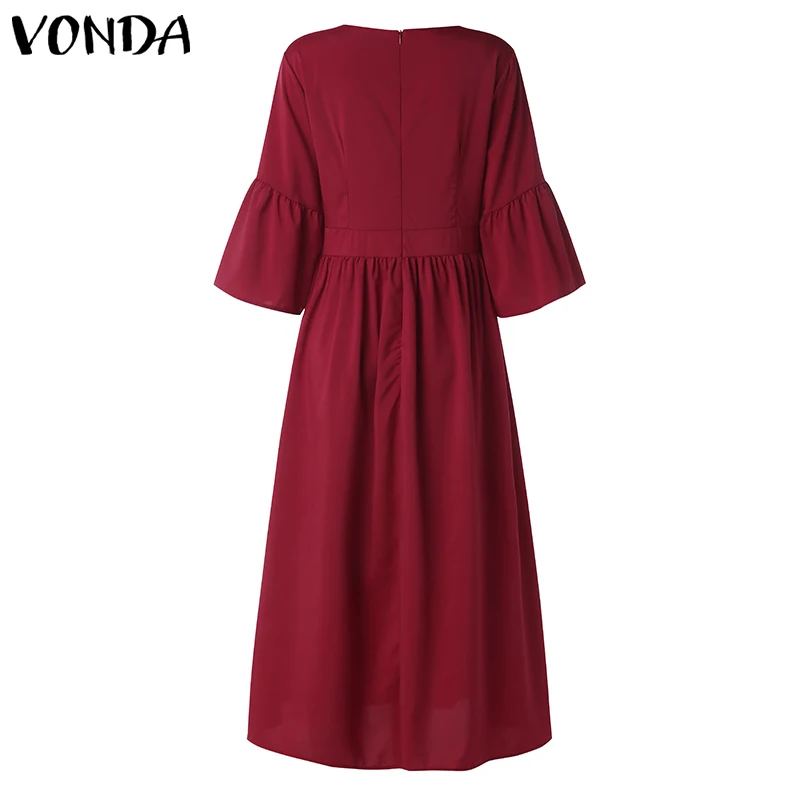 VONDA, женское богемное Платье с принтом, сексуальное, v-образный вырез, рукав с оборками, разрезное, макси платье, винтажное, повседневное, свободное, белое, Vestidos размера плюс