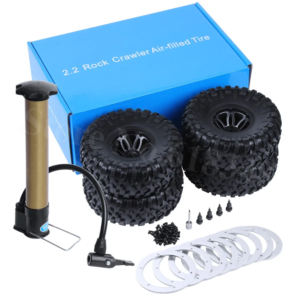 

4PCS 2.2" Air Pneumatic Beadlock Wheel Rims and Tires OD:135mm Inflator Pump Included for 1/10 RC Rock Crawler Monster Truck