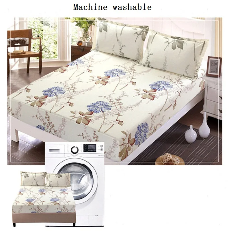  Floral Printed Fitted Sheet and Pillow Case Polyester Mattress Cover Bed Linens Bed Sheet with Elas