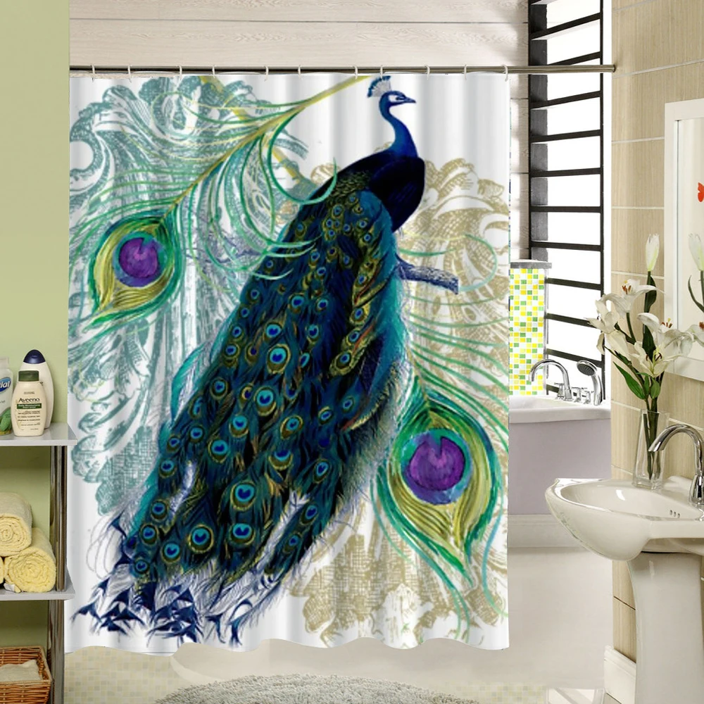 Peacock Flower Design 3D Shower Curtain Waterproof Curtain Bathroom Cut