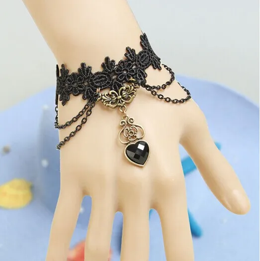 

Vintage Black Lace Slave Bracelet with Heart shaped Resin Crystal Costume Jewelry Gothic Style Adjustable Approx 5.9" to 7.8"