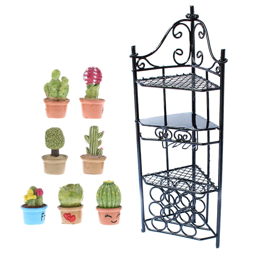 1/12 Dollhouse Miniature Garden Decor - 7 Pieces Mixed Potted Plants & Metal Flower Shelf For Dolls House Outdoor Accessory