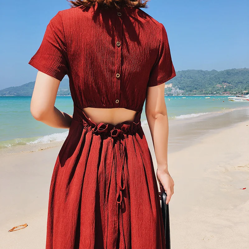 Женское летнее Сексуальное Тонкое длинное платье с коротким рукавом и открытой спиной, Женский пуловер с v-образным вырезом, платья с поясом, однотонные платья - Цвет: Красный