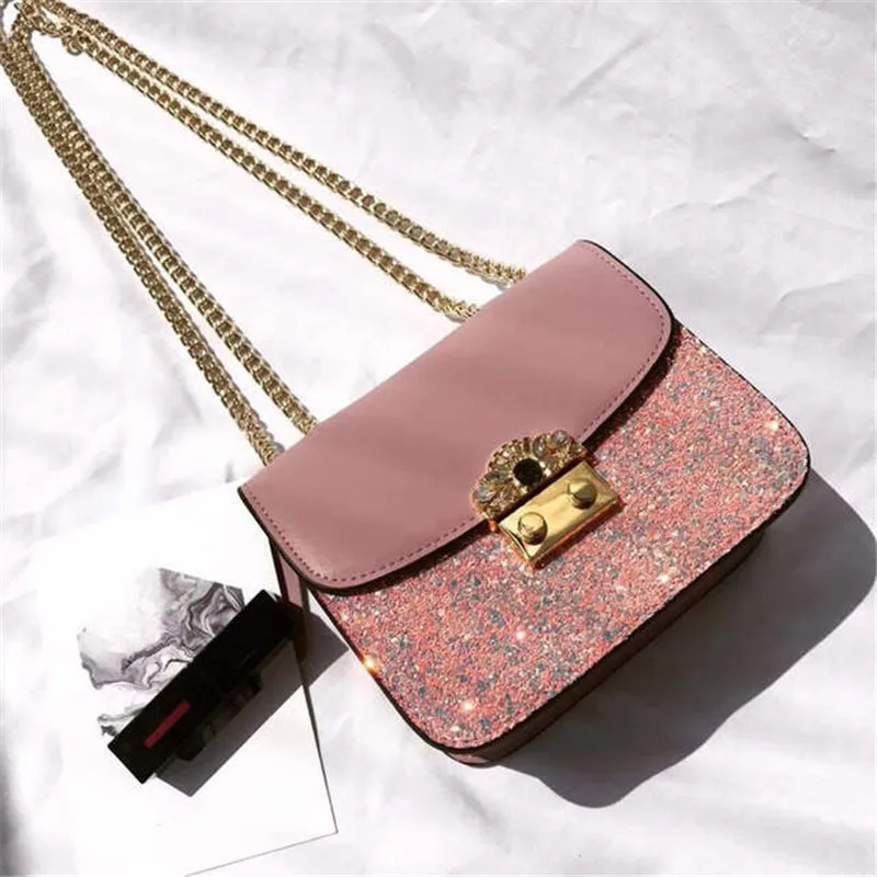 

High-grade Genuine Leather Sequins Women Shoulder Bag 2019 Korean Version Lock Single Hand Bag Chain Mini Clutch Bag Wholesale