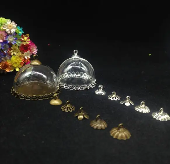 

5pcs 30mm big half round ball glass vial pendant with double lace tray cap glass wishing bottle diy necklace glass cover dome