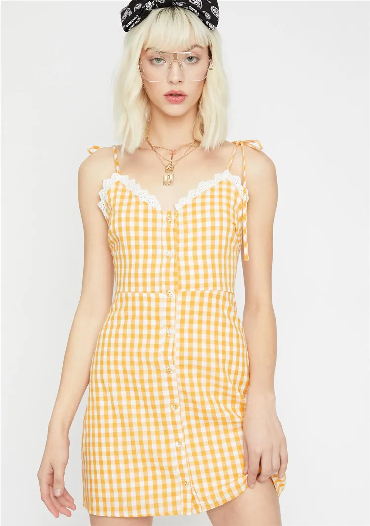 

Vogue Harajuku Women New Arrival Summer Beach Plaid A-Line Lace Spaghetti Strap bodycon High Waist Casual Sexy Mini Dresses