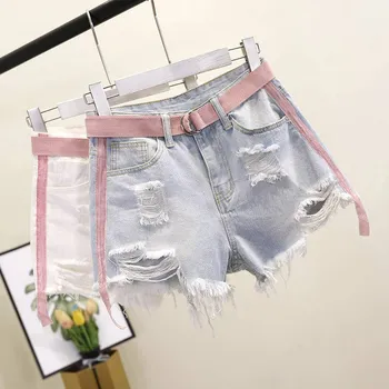 

Harajuku Fashion High Wiast Women Denim Shorts Chic Hole Hollow Out Tassel Student Denim Shorts Wide Leg Shorts Free Sashes