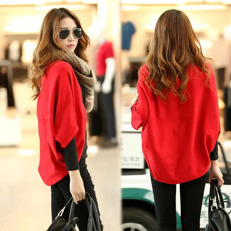 Autumn Female Cardigan Loose Large Size Shawl Coat Seven-point bat Sleeve Cloak type Pure Red Women Sweater feminine coat SS171 |