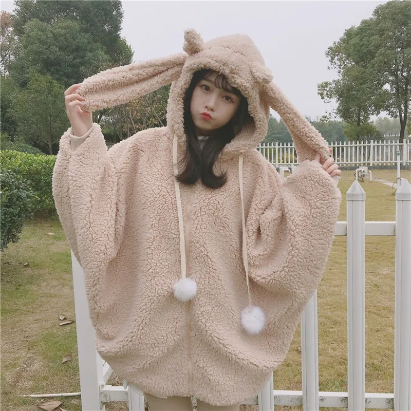 

New Women Winter Cartoon Coats Japanese Flannel Kawaii Sweet Bunny Long Ears Hooded 2019 Hoodies Soft Sister Girls Cute Overcoat