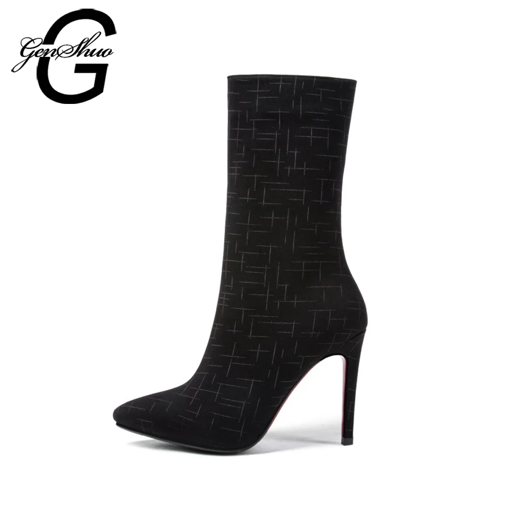 

GENSHUO Elegant Winter Shoes Mid Calf Boots For Women Sexy Ladies Shoes Pointed Toe Zipper Short Plush Thin High Heels Shoes
