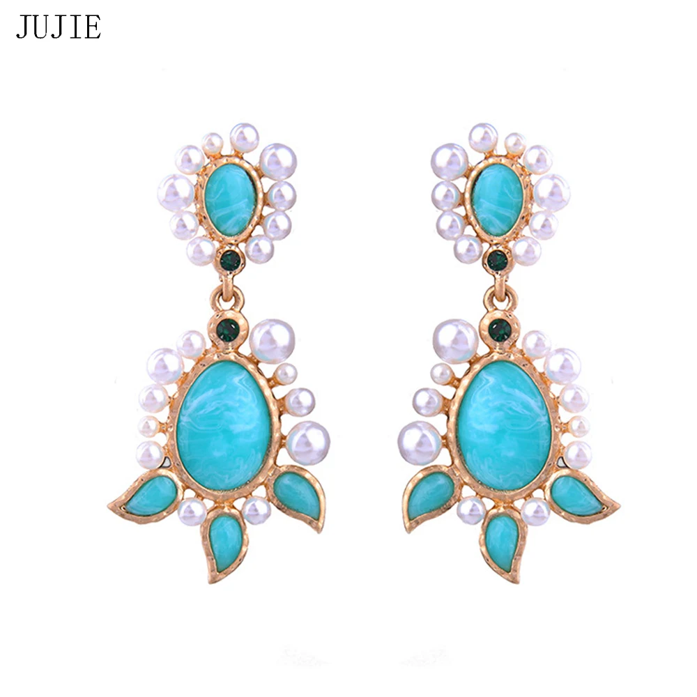

JUJIE Fashion Earrings Brand Blue Resin Pendant Flower Earrings For Women Simulated Pearl Earrings Plant Jewelry Dropshipping