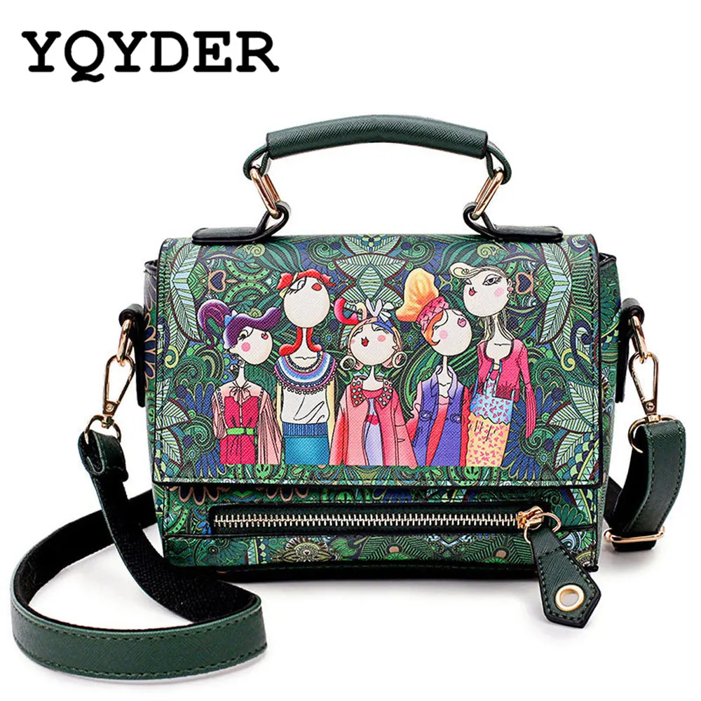 

YQYDER Fashion Women Leather Messenger Bag National Style Flower Print Handbag Ladies Small Crossbody Bags Women Shoulder Bags