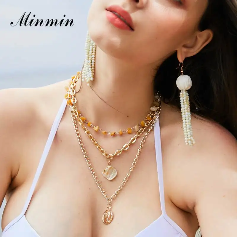 

Minmin Statement Multi layered Gold Color Coin Pendant Necklaces for Women 2019 Natural Stone Beads Long Chains Necklaces MXL143