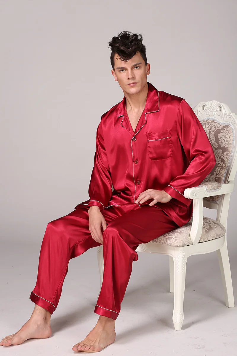 С длинным рукавом шелковые пижамы Весна Для мужчин Летняя шелковая пижама комплекты пижама ночная рубашка плюс Размеры 3XL 100 кг Комплект