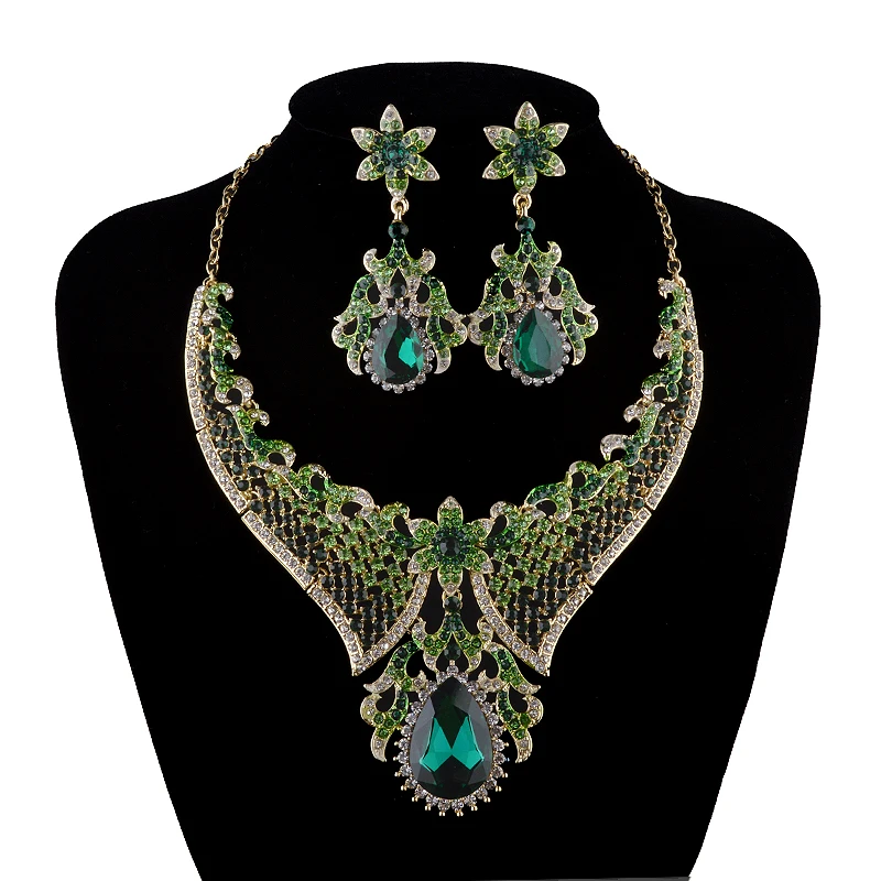 

India style Necklace sets Bridal Wedding Necklace earrins set Women Party Crystal Earrings set Green color cubic rhinestone