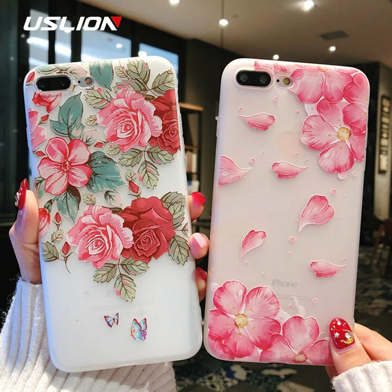 

USLION Relief Flower Silicone Case For iPhone X 7 6 6S 8 Plus Marble Phone Case For iPhone XS MAX XR Matte Soft TPU Back Cover