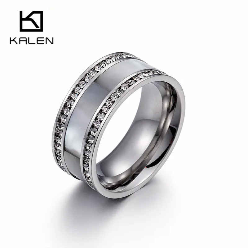 

Kalen New Good Quality Stainless Steel Silver Rings For Women Two Rows of Rhinestone Setting Rings Smooth Shell Rings Jewelry