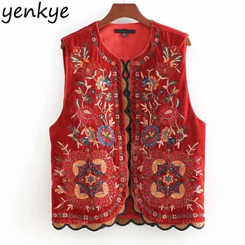 

Vintage Women Floral Embroidery Velvet Vest Female Scalloped Trim Round Neck Sleeveless Coat Autumn Winter chalecos para mujer