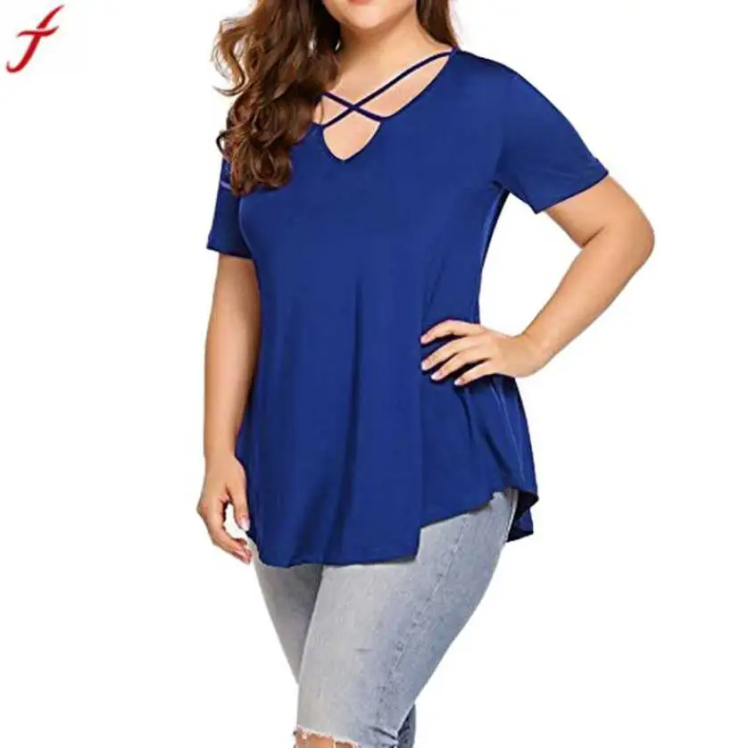 

Plus Size Tunic Tops 2019 Casual Women Criss Cross Deep V Neck Shirt Summer Solid Short Sleeve Blouse blusas mujer de moda #4
