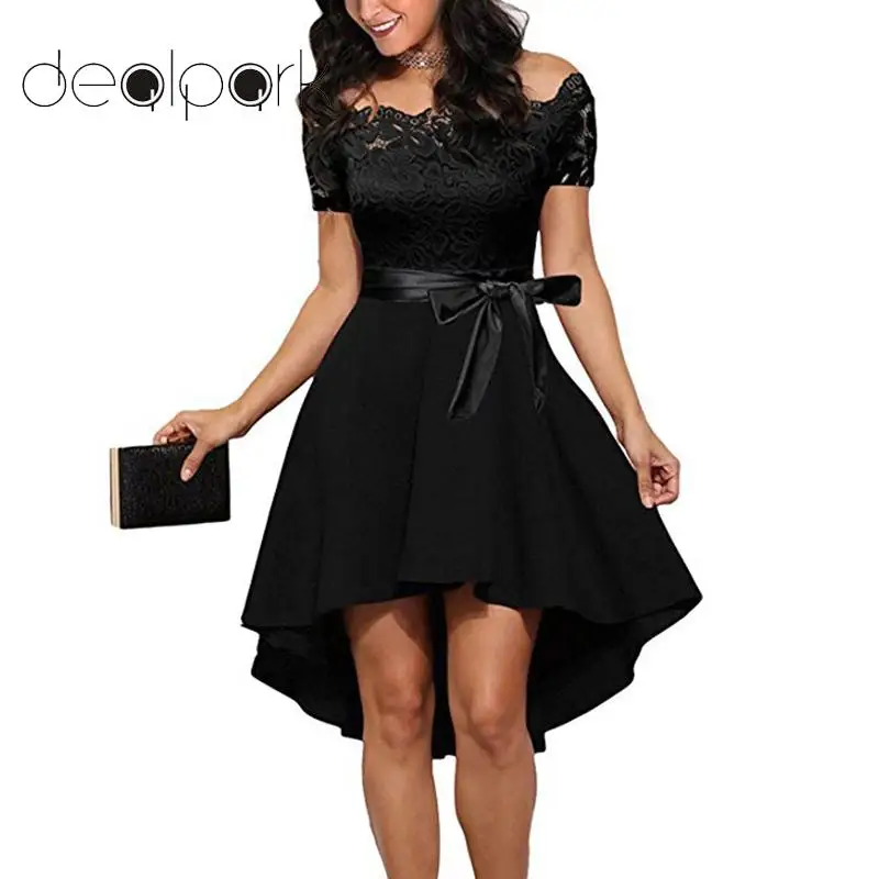 

Elegant Women Off Shoulder Slash Neck Dress Floral Lace Waist Strap Short Sleeve Cocktail Swing Irregular Sexy Party Dress
