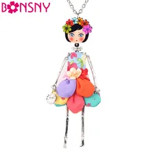 Bonsny Statement Flower Doll Necklace Dress Handmade French Doll Pendant 2016 News Alloy Girl Women Flower Fashion Jewelry