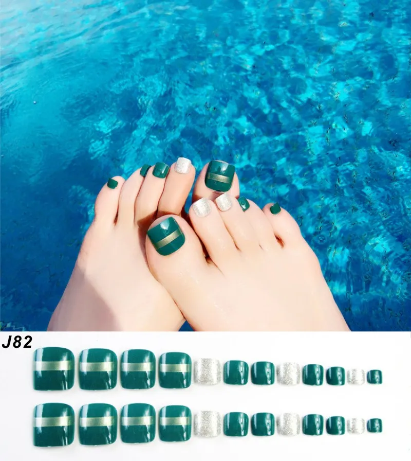 Красивые летние пляжные накладные ногти, 24 шт., стразы, предварительный дизайн, полное покрытие, красные, искусственные накладные ногти с клеем для ногтей - Цвет: J82