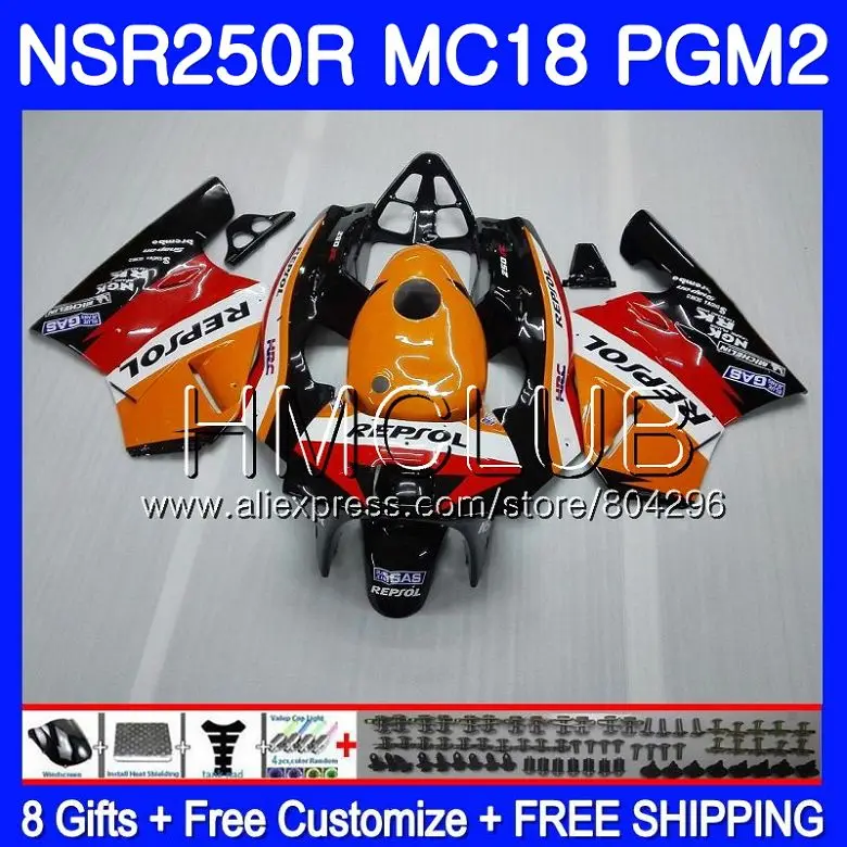 Комплект для HONDA NSR 250 R MC18 PGM2 СМП 250R NS250 NSR250R 88 89 93HM. 8 NSR250 R RR NSR250RR 1988 1989 88 89 обтекателя Repsol orange - Цвет: No. 1