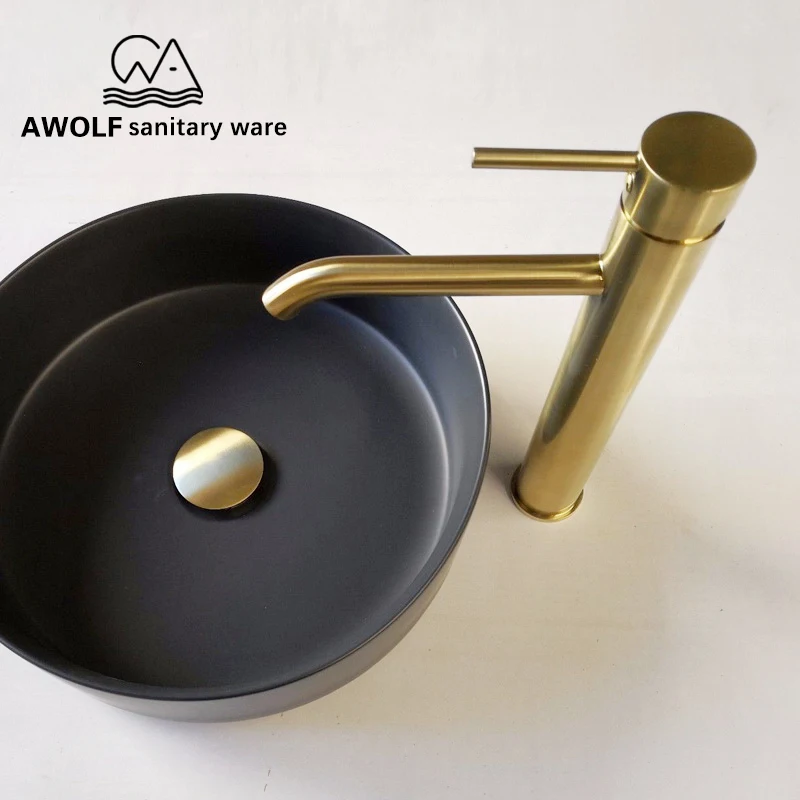 

Basin Faucet Brushed Gold Solid Brass Modren Bathroom Sink Faucet Mixer Tap Deck Mounted High Size Hot Cold Mixer ML8023