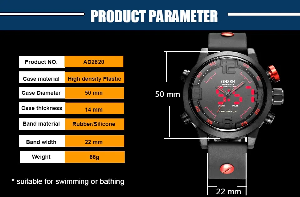 OHSEN цифровой бренд кварцевые наручные мужские мужской 50M Плавание Спорт на открытом воздухе электронные военные красный часы Relojoes hombre
