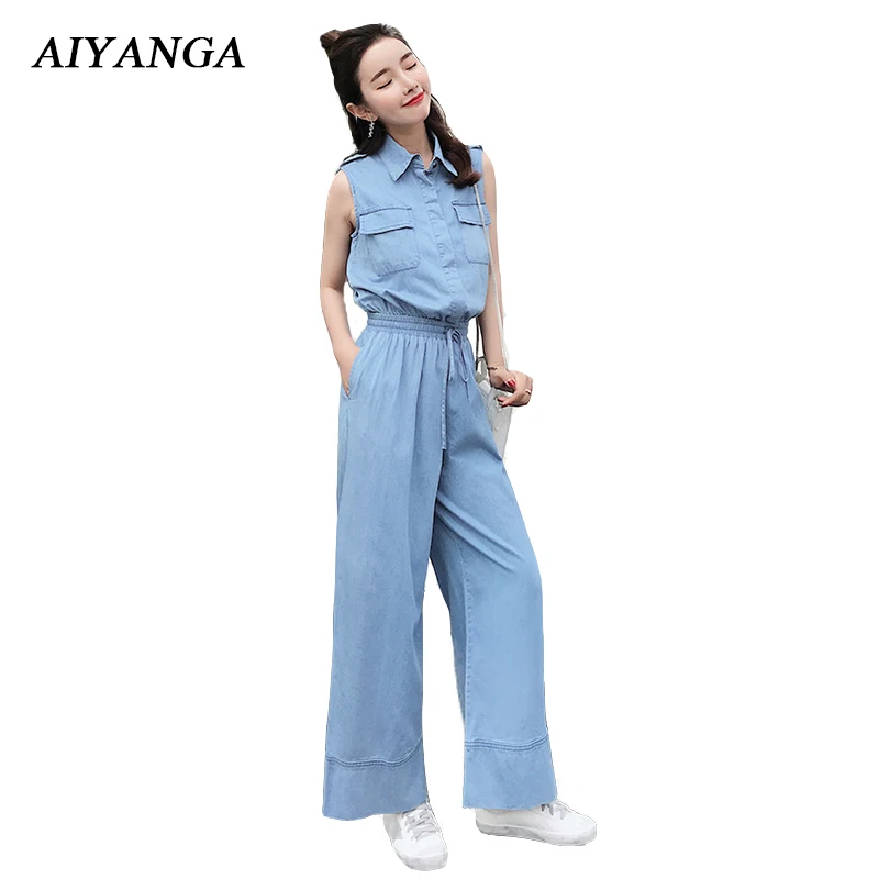 New Women Denim Jumpsuits Female Sleeveless Jeans Rompers Wide Leg