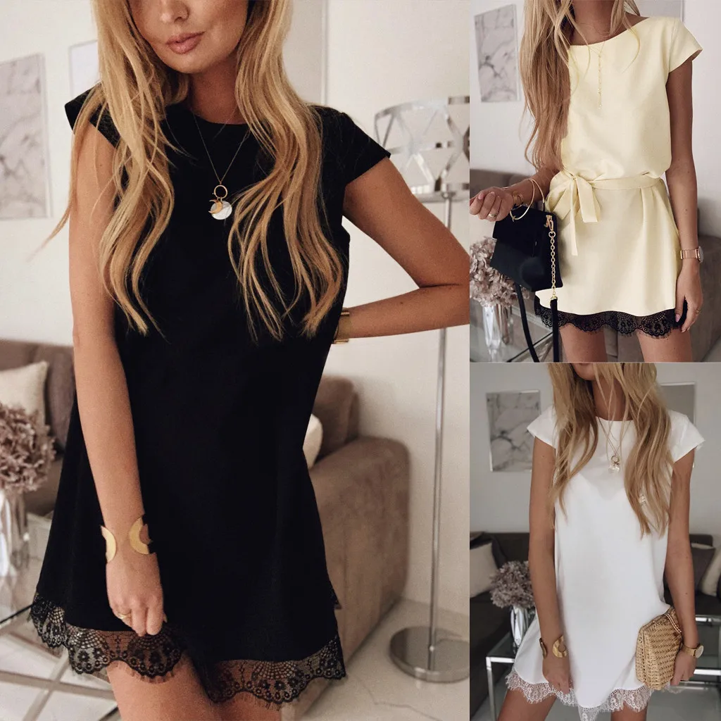 

Women Dress 2019 Summer Fashion Dress Womens Ladies O Neck Short Sleeve Lace Mini Dress Summer Holiday Beach Party Dresses @20