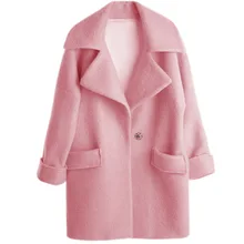 2016 European New Fashion Women s Medium long Wool Blend Coat Pink Big Size Loose Jacket