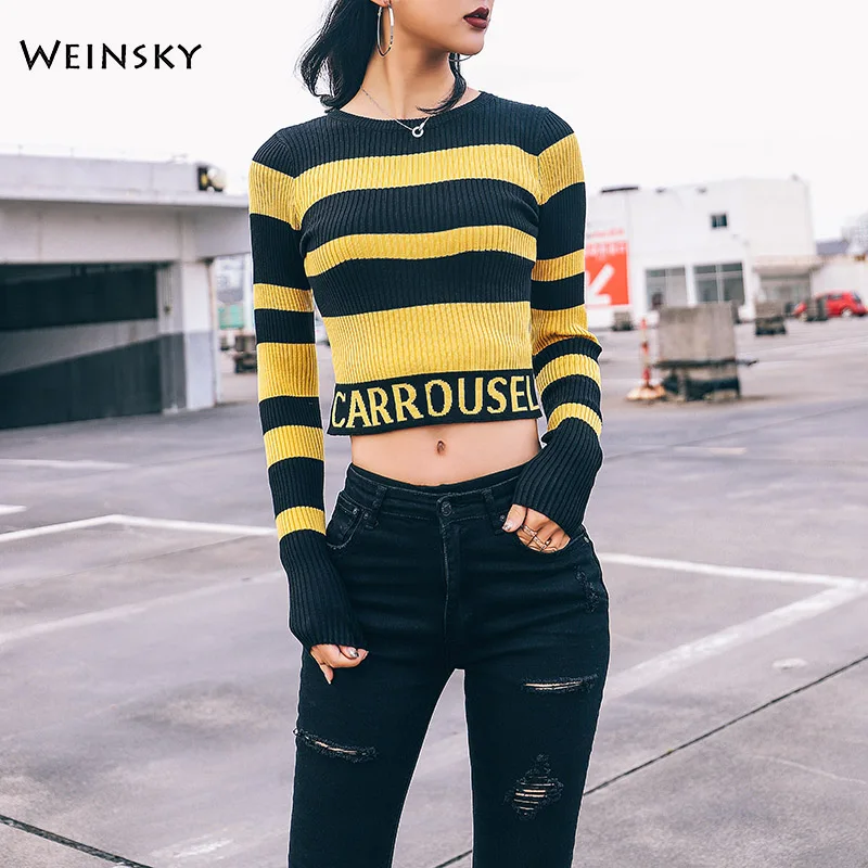 

Women Knitted Jumper Striped Sweater And Pullovers Korean Fashion Style Letter Sweater 2019 Autumn New O-Neck Tops