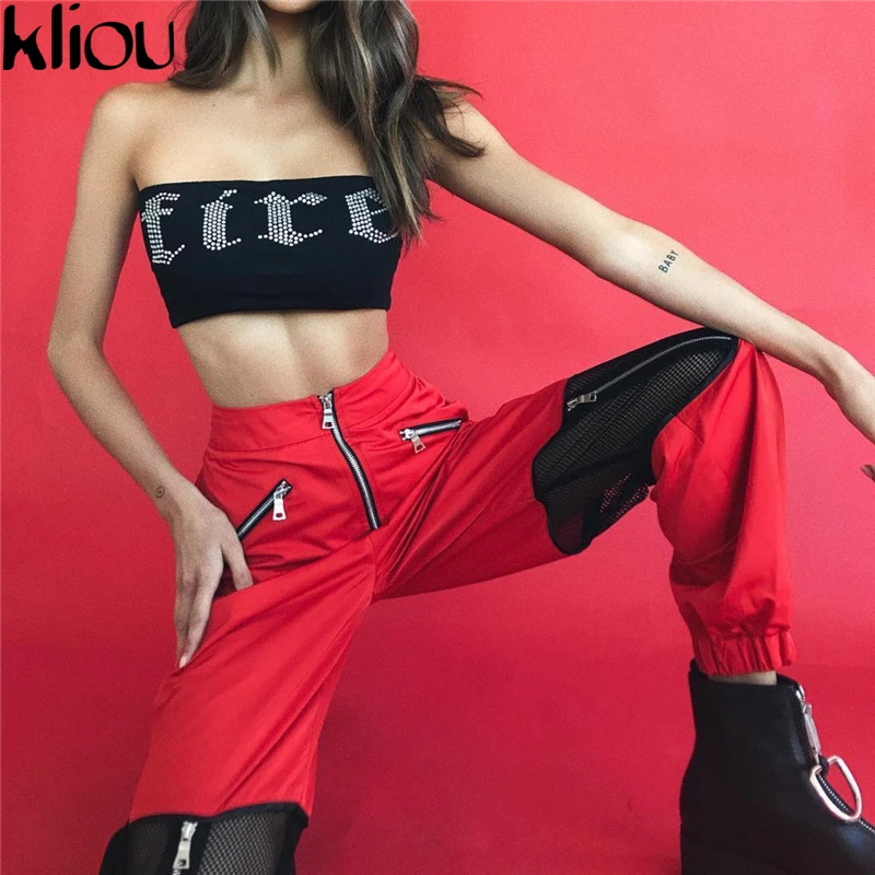 

Weirdgirl New Fashion Brand zipper with no elastic Sweatpants Red Black Knitted Mesh Womens Trousers Casual Loose Lady Pants