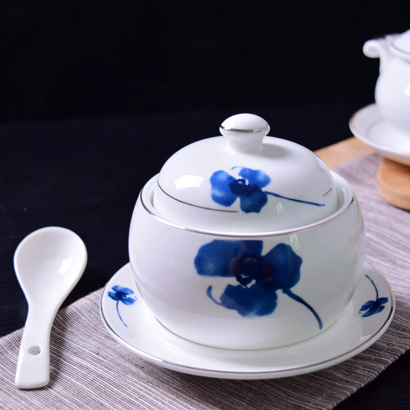 

Platinum Stew Hotel Ceramic Stew Bird's Nest and Shark's Fin Stew Dessert Rotary Soup Cup with Covered Bowl