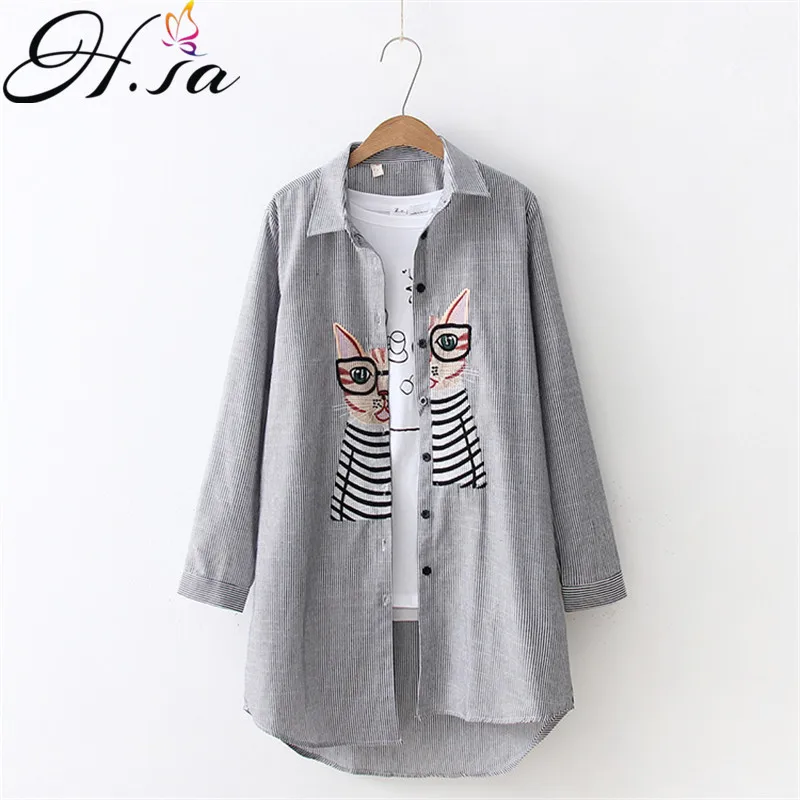 H.SA 2018 New Fashion Women Long-Sleeve Blouses Casual Embroidery Cat Shirts Women Top and Blouses Cotton Long roupa feminina