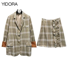 Женский блейзер в клетку с контрастными манжетами с закатанными рукавами+ клетчатая юбка с плиссированной планкой на пуговицах-костюмы из 2 предметов с юбкой