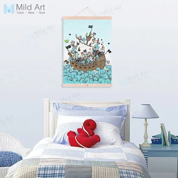 

Kawaii Happy Pirates Sea Boat Wooden Framed Hanger Poster Kids Boy Room Wall Art Pictures Home Decoration Canvas Painting Scroll