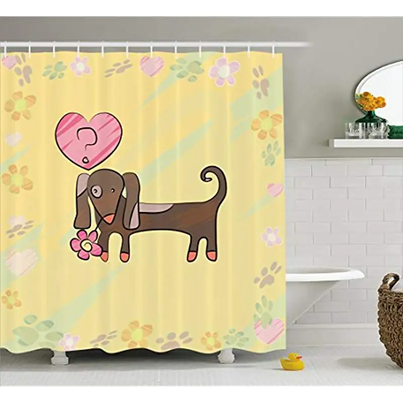 

Vixm Dachshund Shower Curtain Colorful Sketch Style Dachshund Puppy with Floral Frame Cute Pet Character Fabric Bath Curtains